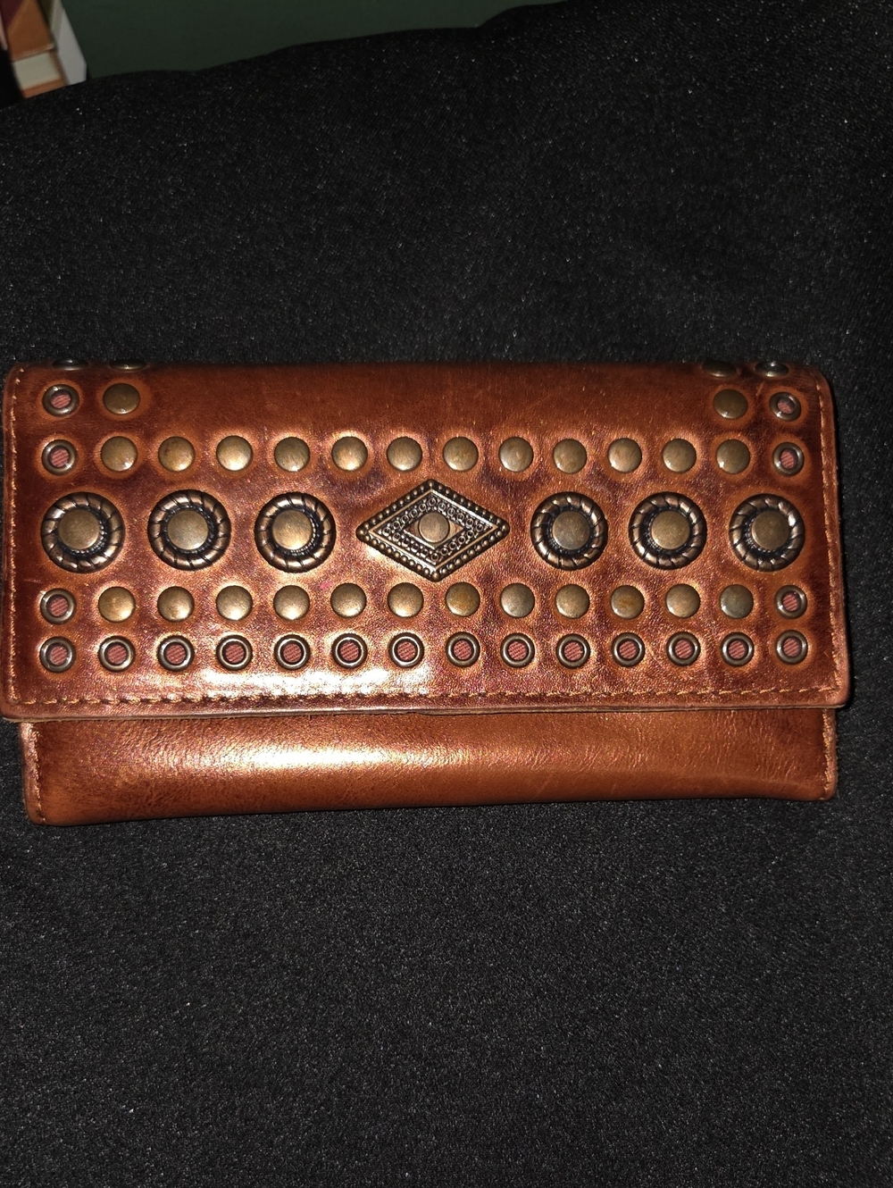 Patricia Nash Brown Leather Studded Fold-Over Wallet with Decorative Metal